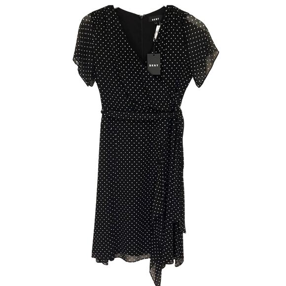 NWT DKNY Black Polka Dot Wrap Style Dress Sz 6 Ruffle Flutter Sleeve Tie Waist - Picture 1 of 11